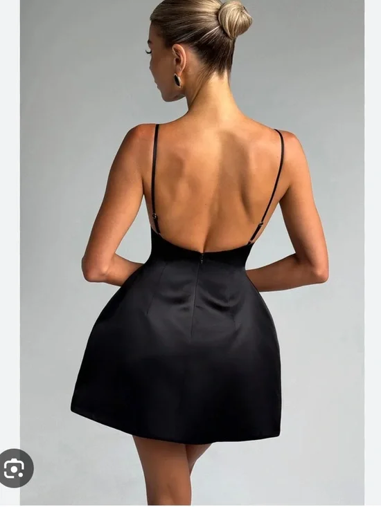 BabyBoo Tate Mini Dress Satin Open Back Babydoll bubble skirt Black Medium NWT - Picture 3 of 11